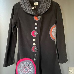 Fun, artsy thigh length fleece coat by Aria Mode